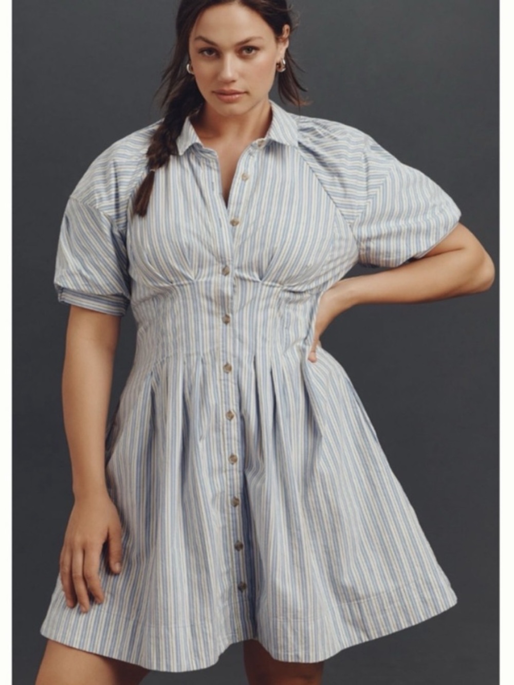 NWT Anthropologie Puff-Sleeve Striped Mini Shirt Dress - Picture 4 of 11